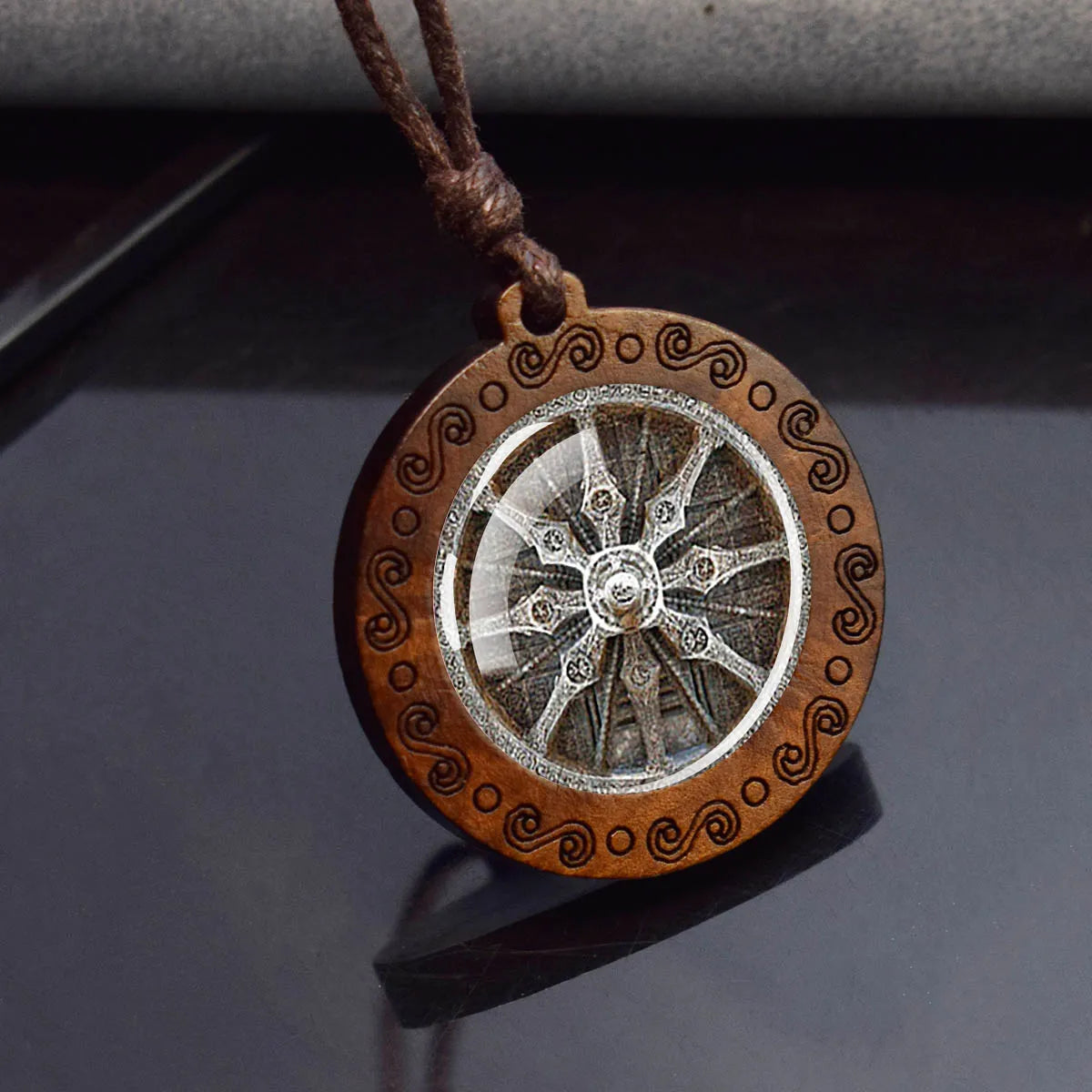 Sri Yantra Mandala Necklace – Sacred Geometry Glass Pendant on Wood Base | Spiritual Jewelry for Meditation & Balance