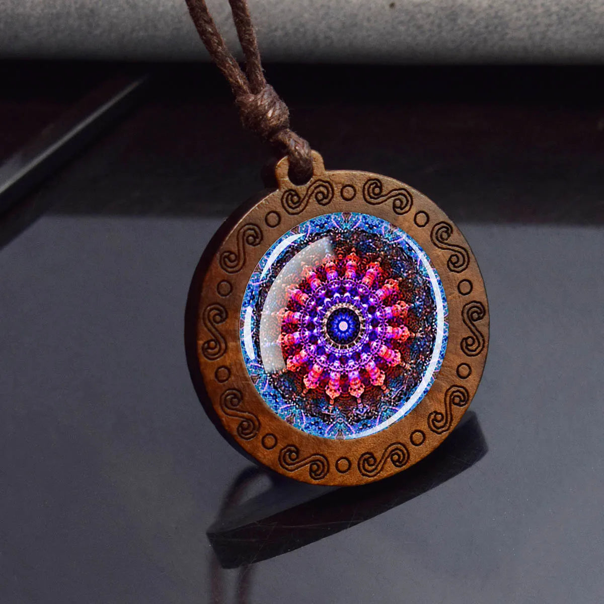 Sri Yantra Mandala Necklace – Sacred Geometry Glass Pendant on Wood Base | Spiritual Jewelry for Meditation & Balance