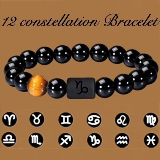 Constellation Zodiac Sign Bracelet – Natural Black Onyx Stone Beads for Personalized Protection