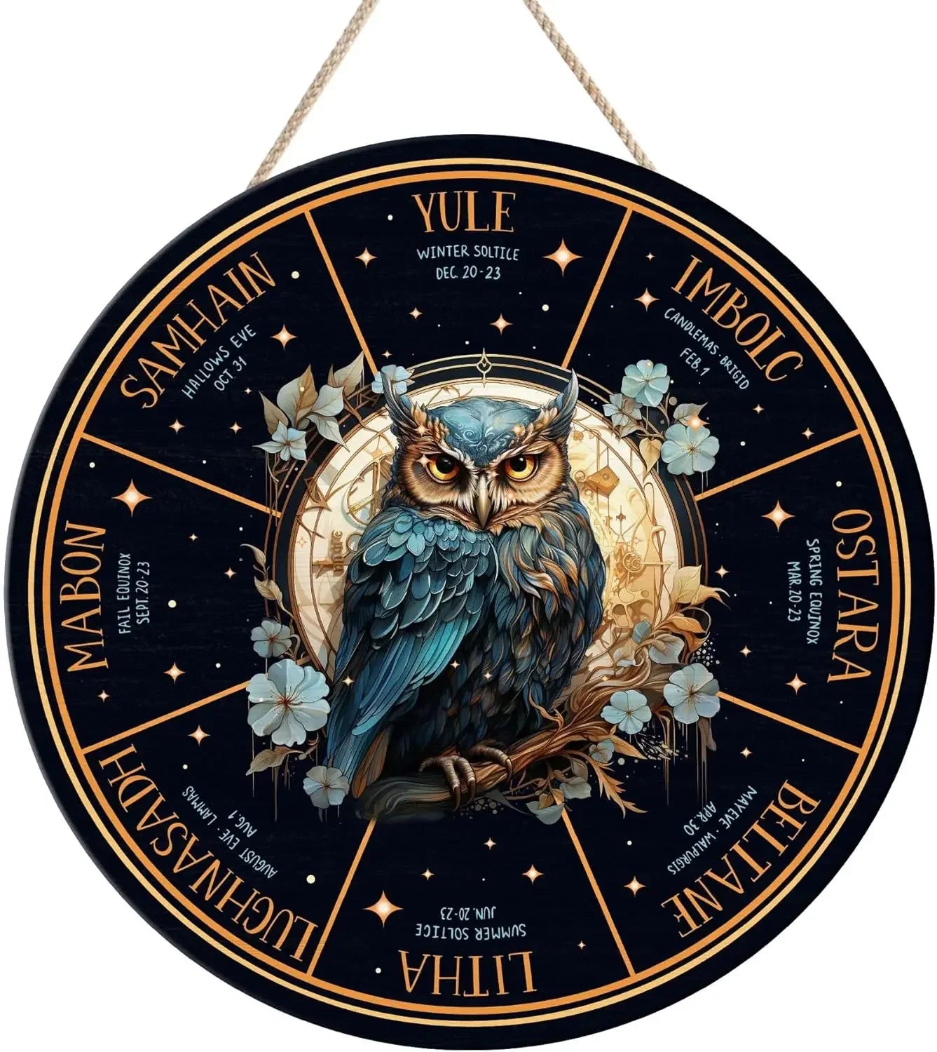 Round Wheel of the Year Wooden Wall Plaque – Pagan Sabbat Calendar for Ritual & Seasonal Decor