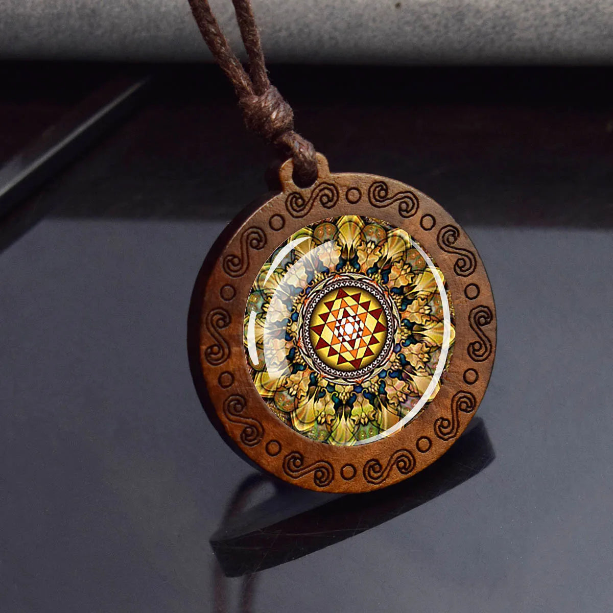 Sri Yantra Mandala Necklace – Sacred Geometry Glass Pendant on Wood Base | Spiritual Jewelry for Meditation & Balance