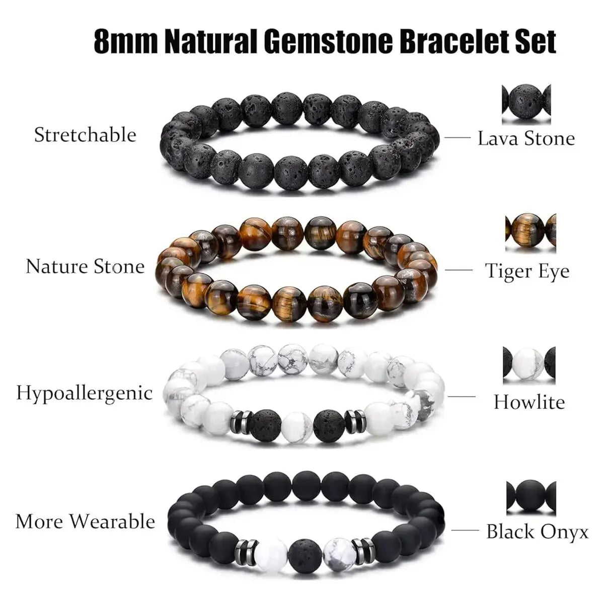 4PCs - 8mm Men's Natural Stone Beads Bracelet Set