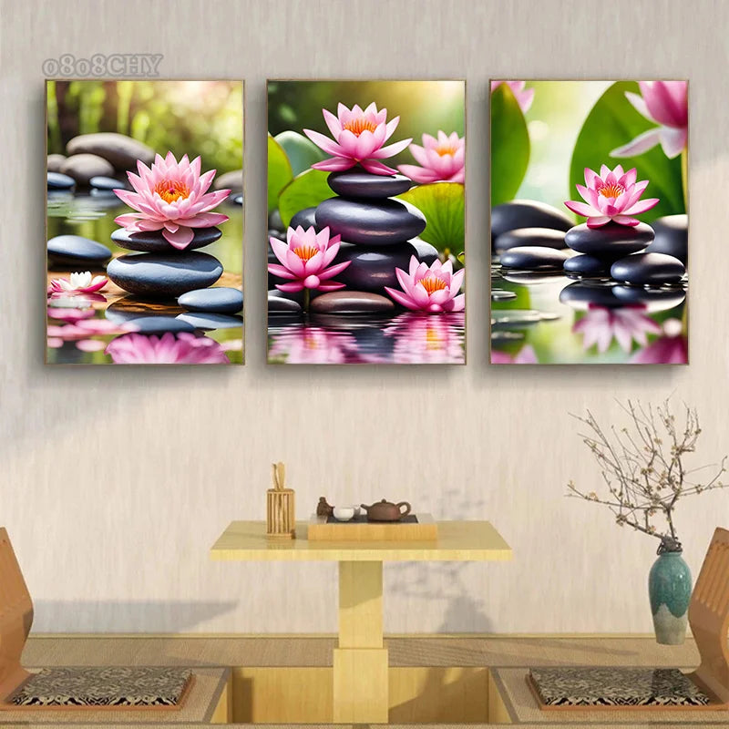 Spa Zen Canvas Wall Art – Cherry Blossom, Pink Lotus & Lily Floral Prints for Relaxation, Meditation & Home Decor