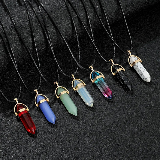 7PC Set Hexagon Pillar Quartz Necklaces – Natural Crystal Pendants with Genuine Leather Chains