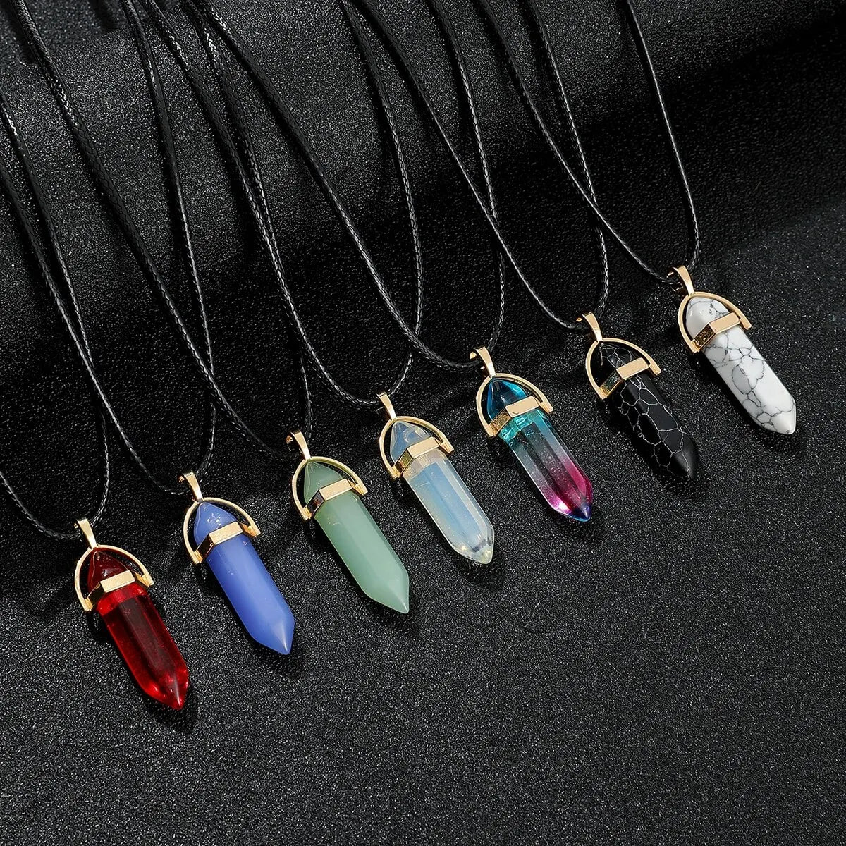 7PC Set Hexagon Pillar Quartz Necklaces – Natural Crystal Pendants with Genuine Leather Chains
