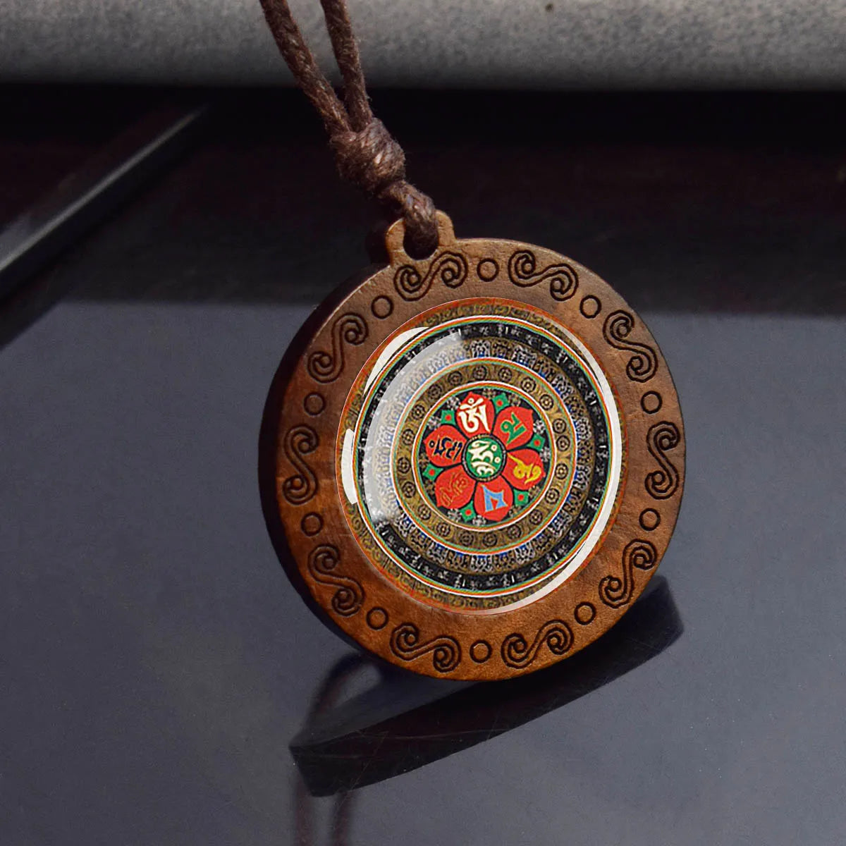 Sri Yantra Mandala Necklace – Sacred Geometry Glass Pendant on Wood Base | Spiritual Jewelry for Meditation & Balance