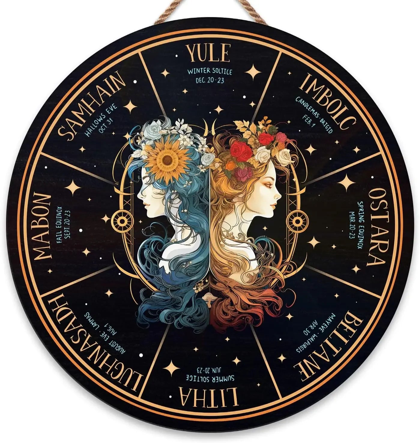 Round Wheel of the Year Wooden Wall Plaque – Pagan Sabbat Calendar for Ritual & Seasonal Decor