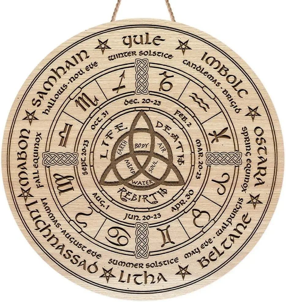 Round Wheel of the Year Wooden Wall Plaque – Pagan Sabbat Calendar for Ritual & Seasonal Decor