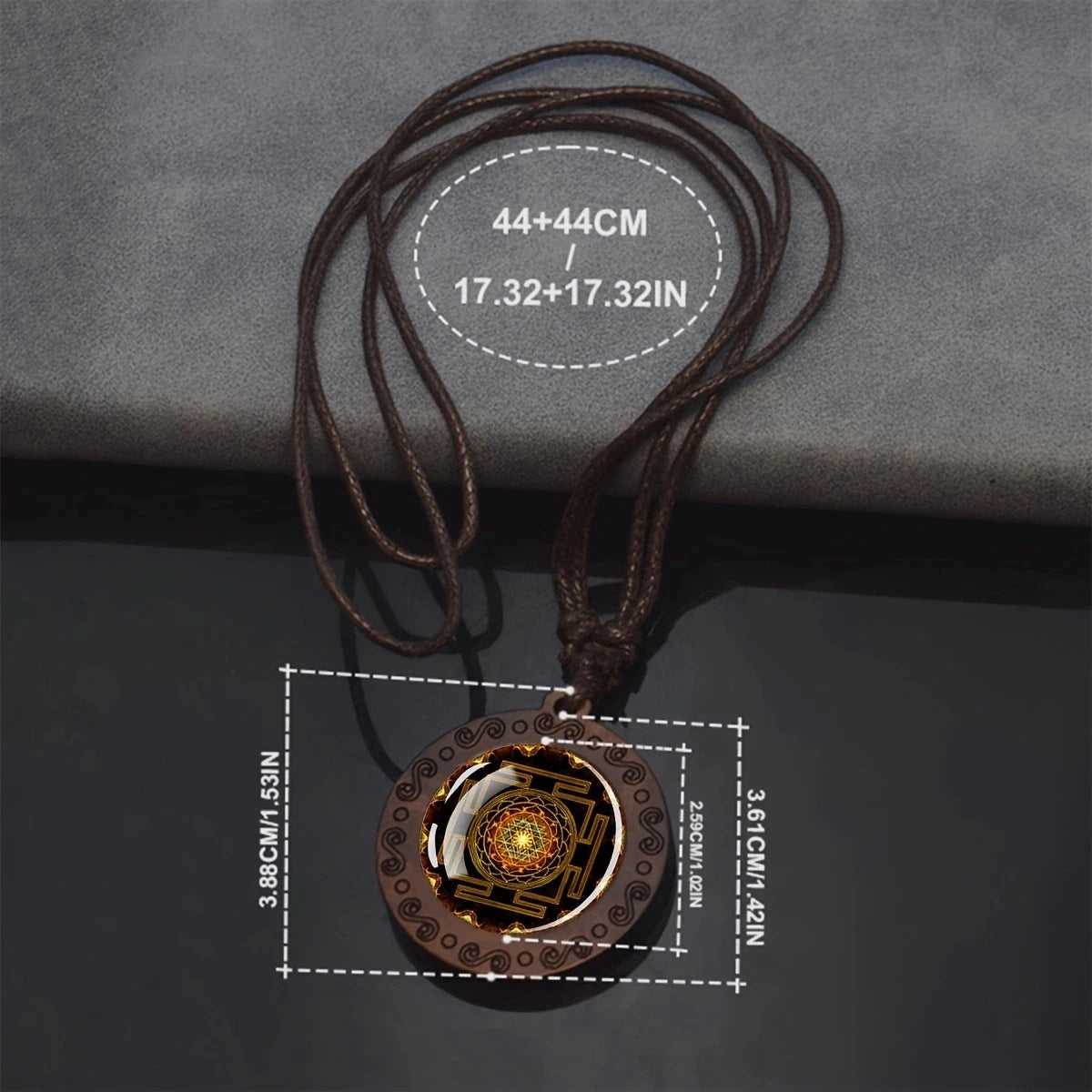 Sri Yantra Mandala Necklace – Sacred Geometry Glass Pendant on Wood Base | Spiritual Jewelry for Meditation & Balance