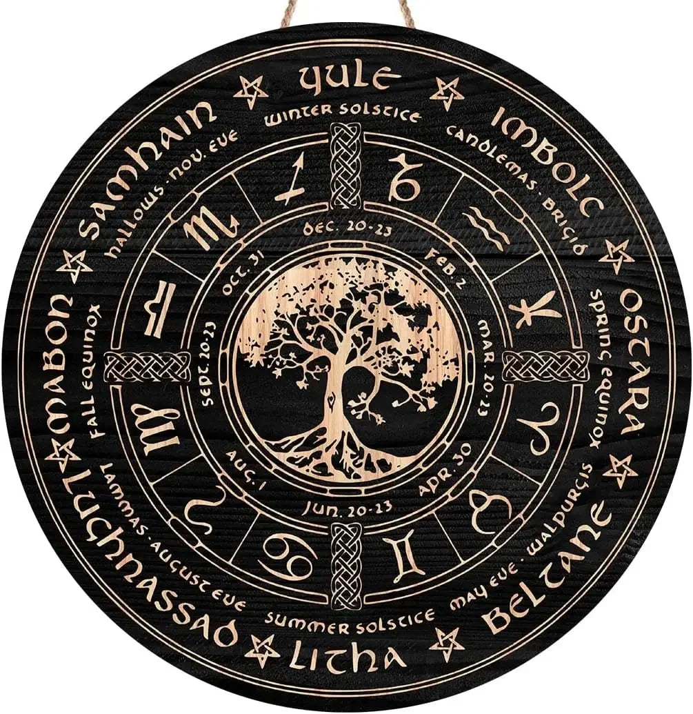 Round Wheel of the Year Wooden Wall Plaque – Pagan Sabbat Calendar for Ritual & Seasonal Decor
