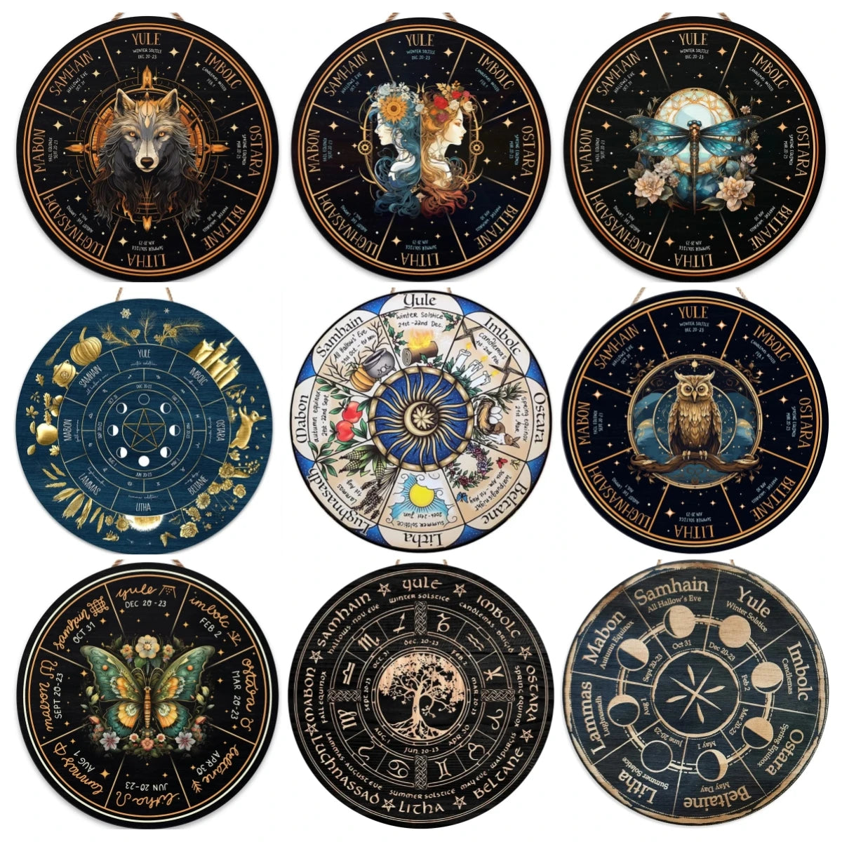 Round Wheel of the Year Wooden Wall Plaque – Pagan Sabbat Calendar for Ritual & Seasonal Decor