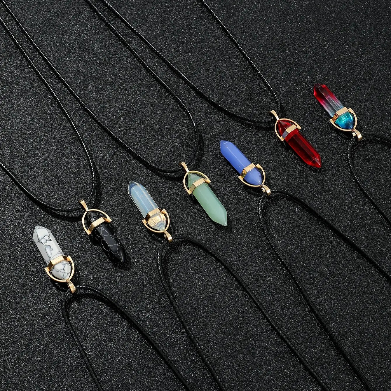 7PC Set Hexagon Pillar Quartz Necklaces – Natural Crystal Pendants with Genuine Leather Chains