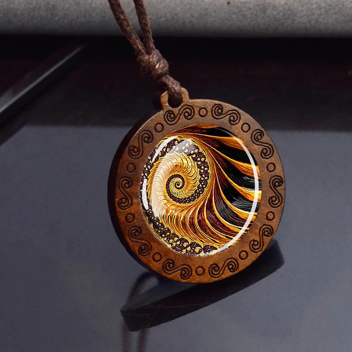 Sri Yantra Mandala Necklace – Sacred Geometry Glass Pendant on Wood Base | Spiritual Jewelry for Meditation & Balance