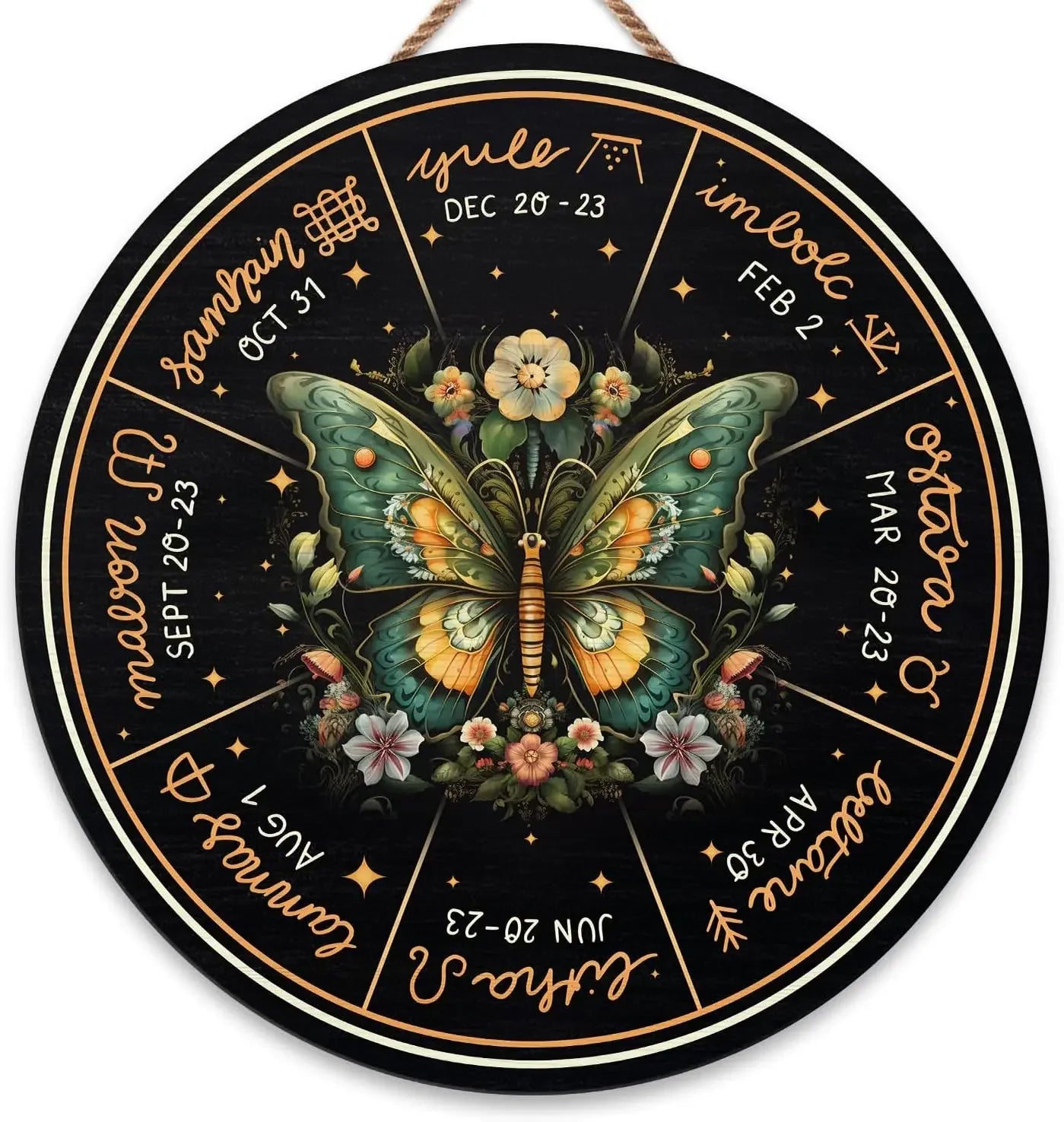 Round Wheel of the Year Wooden Wall Plaque – Pagan Sabbat Calendar for Ritual & Seasonal Decor