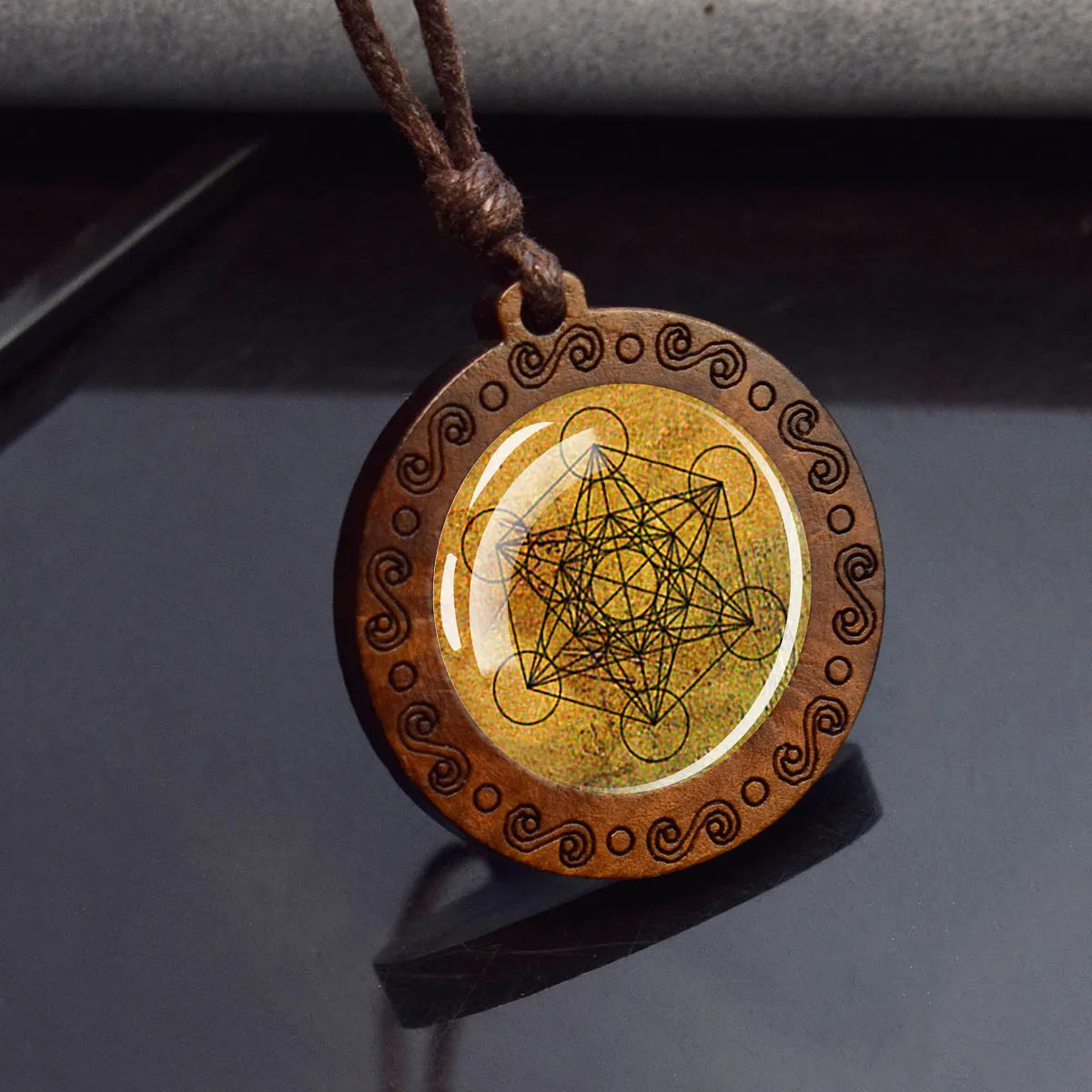 Sri Yantra Mandala Necklace – Sacred Geometry Glass Pendant on Wood Base | Spiritual Jewelry for Meditation & Balance