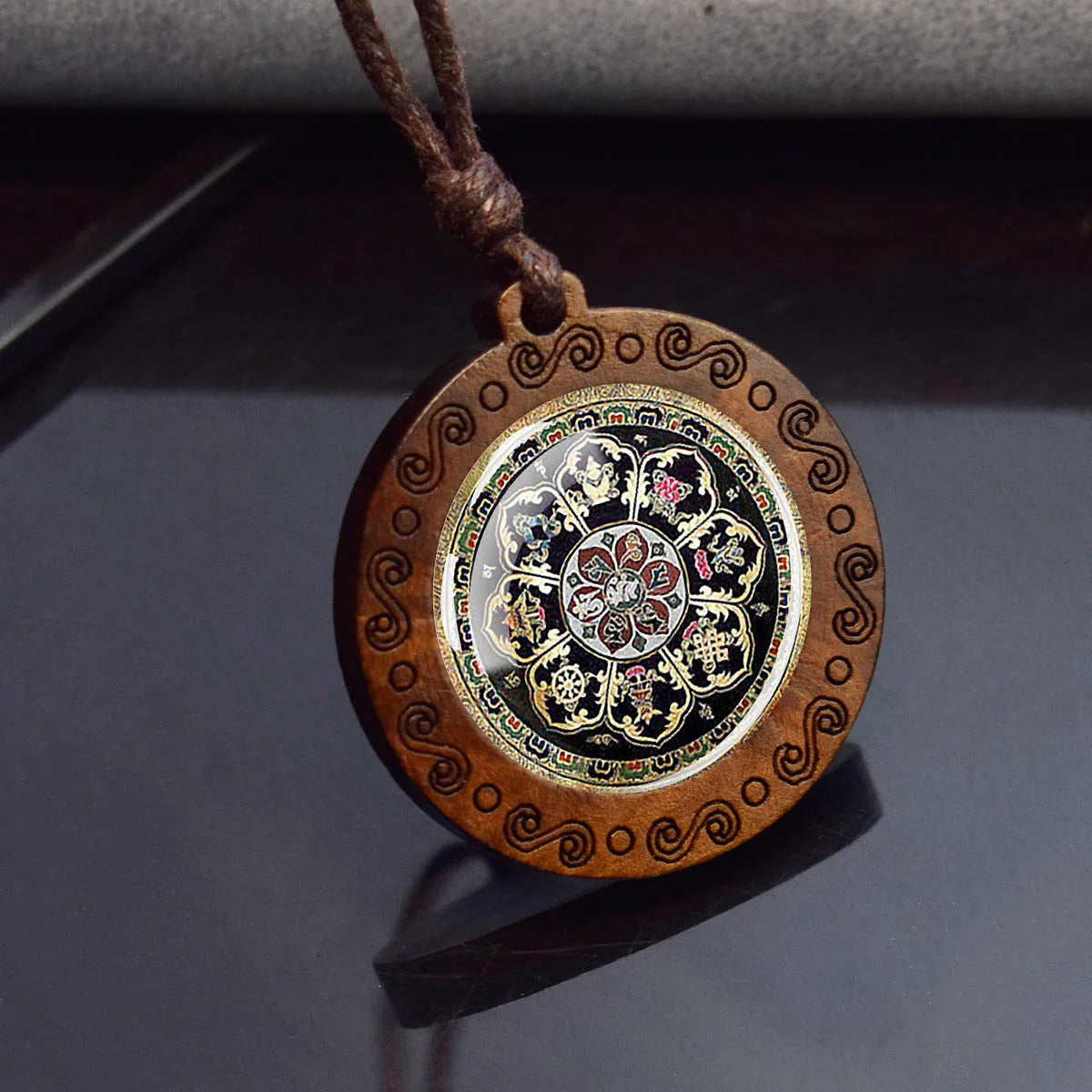 Sri Yantra Mandala Necklace – Sacred Geometry Glass Pendant on Wood Base | Spiritual Jewelry for Meditation & Balance