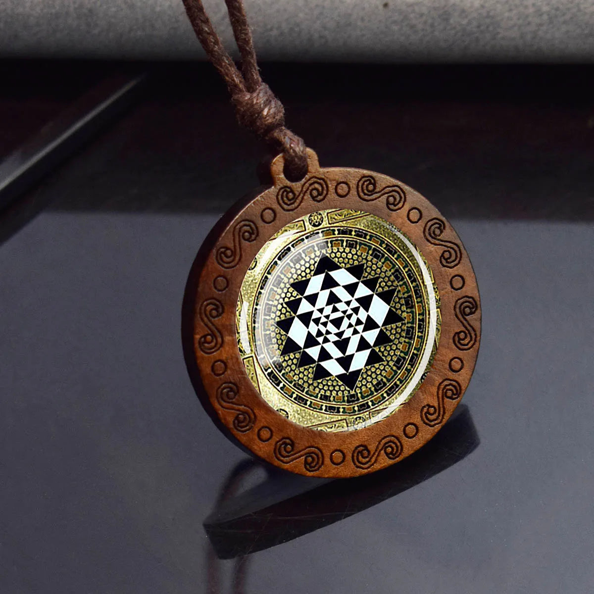 Sri Yantra Mandala Necklace – Sacred Geometry Glass Pendant on Wood Base | Spiritual Jewelry for Meditation & Balance