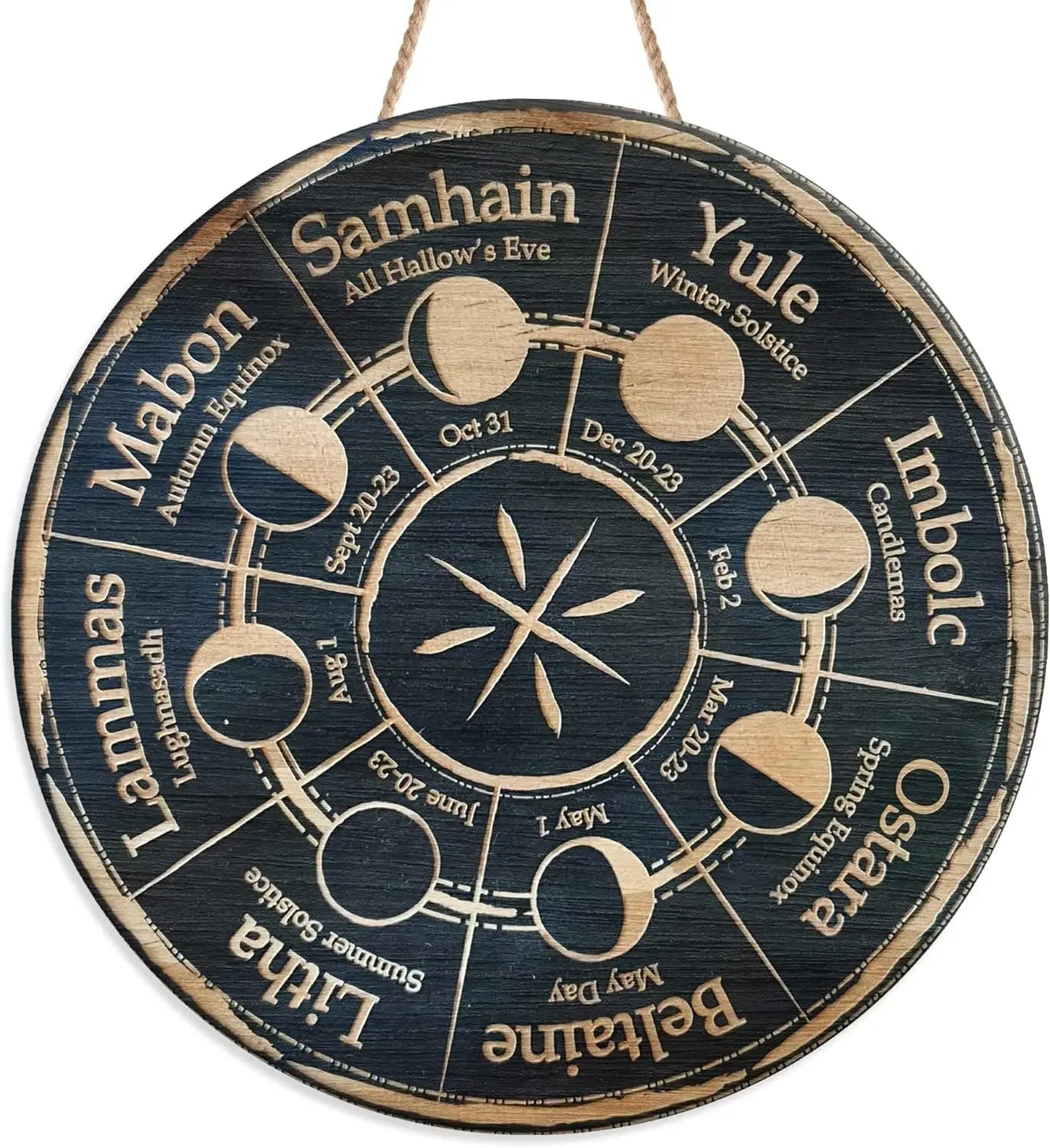 Round Wheel of the Year Wooden Wall Plaque – Pagan Sabbat Calendar for Ritual & Seasonal Decor