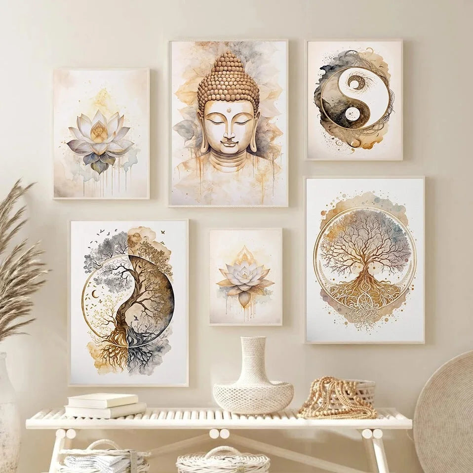 Tree of Life & Buddha Canvas Wall Art – Nordic-Inspired Spiritual Decor for Home & Meditation Spaces